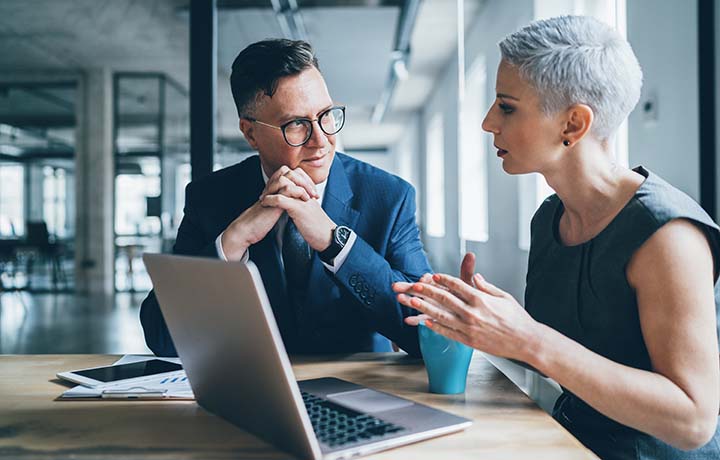 consultants discussing business by computer